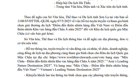 Hỗ trợ tuyên truyền và tham gia bình chọn giải thưởng du lịch “Điểm đến thiên nhiên hàng đầu Việt Nam và Điểm đến thiên nhiên Khu vực hàng đầu Châu Á năm 2025” đối với Khu du lịch quốc gia Mộc Châu