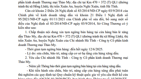 Về việc chấp thuận thông báo tạm ngừng bán hàng của Chi nhánh Hà Tĩnh – Công ty Cổ phần kinh doanh Thương mại Thảo My